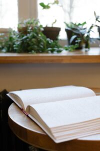 Close-up of an open Braille book on a round table with plants by a window.